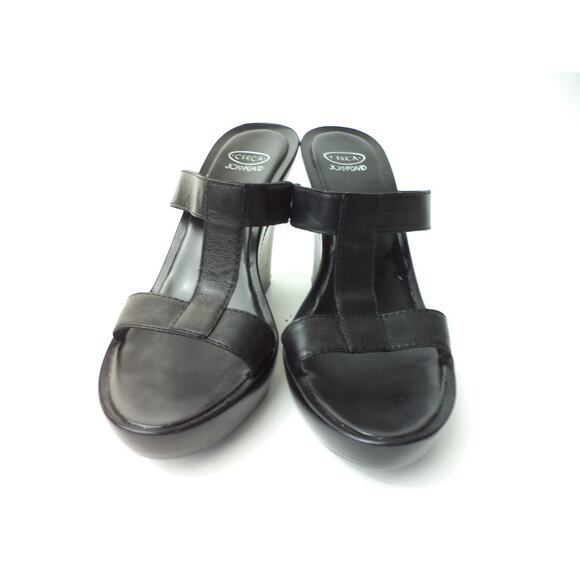 CIRCA JOAN & DAVID LOVEJOY BLACK LEATHER WEDGE PLATFORM HIGH HEEL SLIDE SHOE 10M - Picture 2 of 6